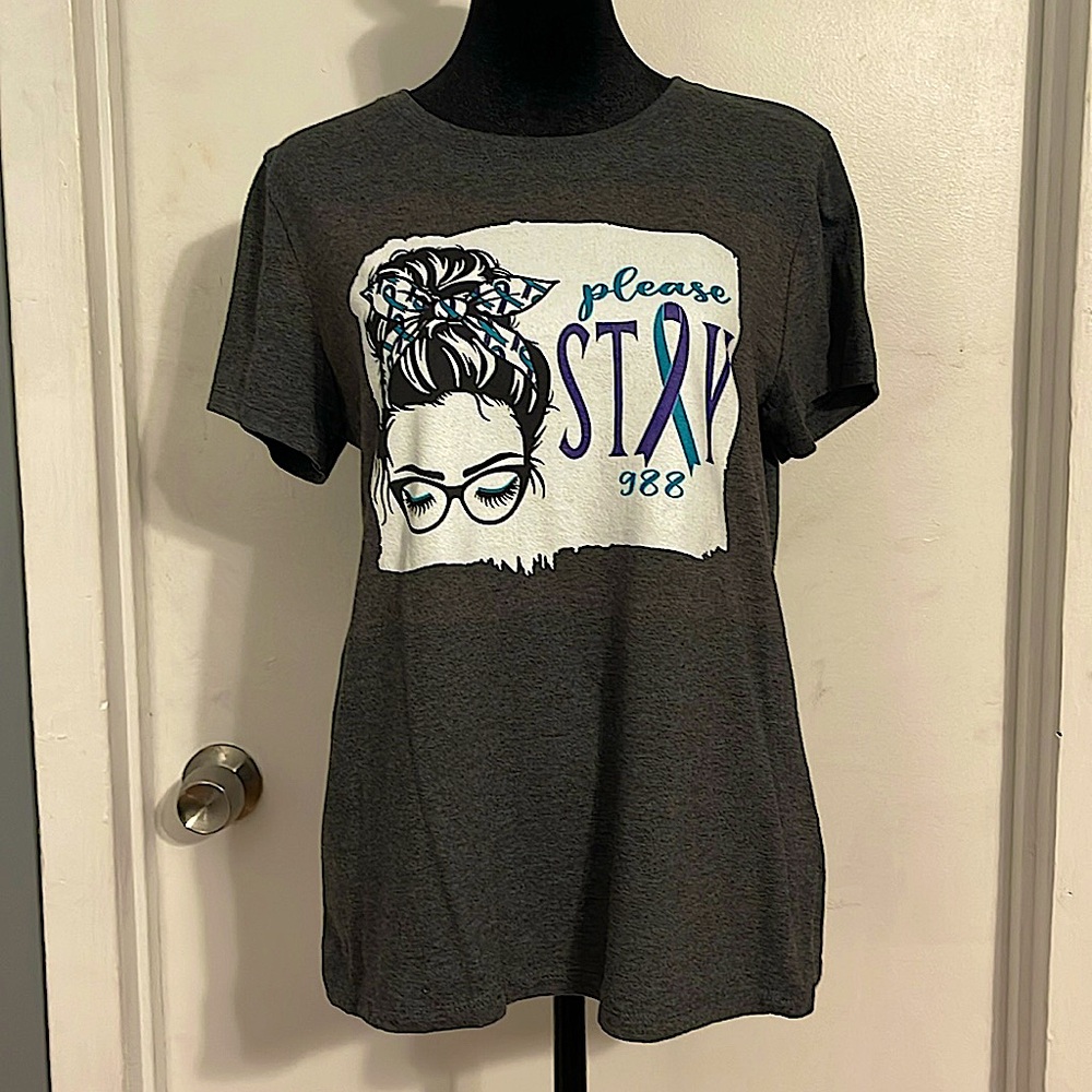“Please Stay 988” short sleeve t-shirt. Worn once. Fitted fit